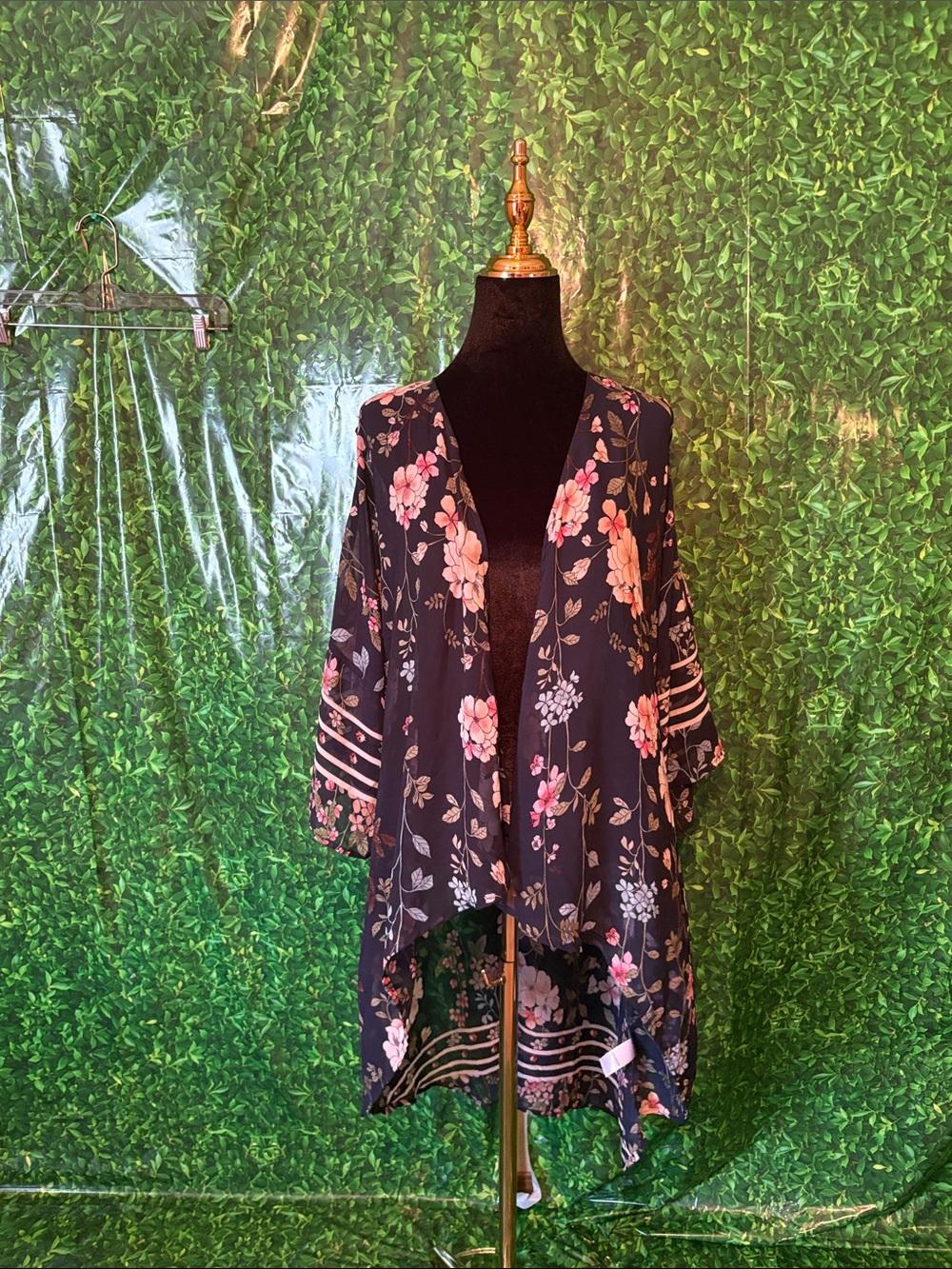 Maurices Navy Floral Kimono Jacket with Pink Flowers